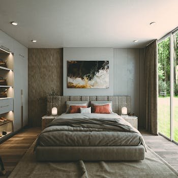 A modern bedroom with stylish decor and abundant natural light